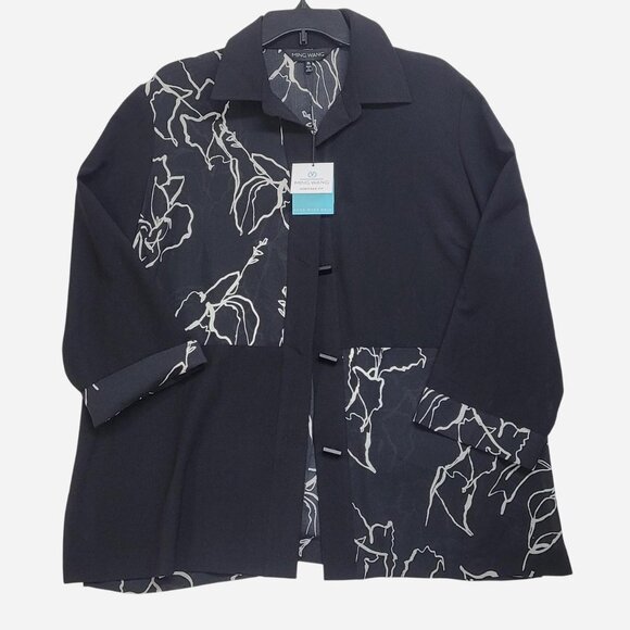 Ming Wang Tops - Ming Wang Xl Black button up Blouse with Floral Print and cuffed sleeves